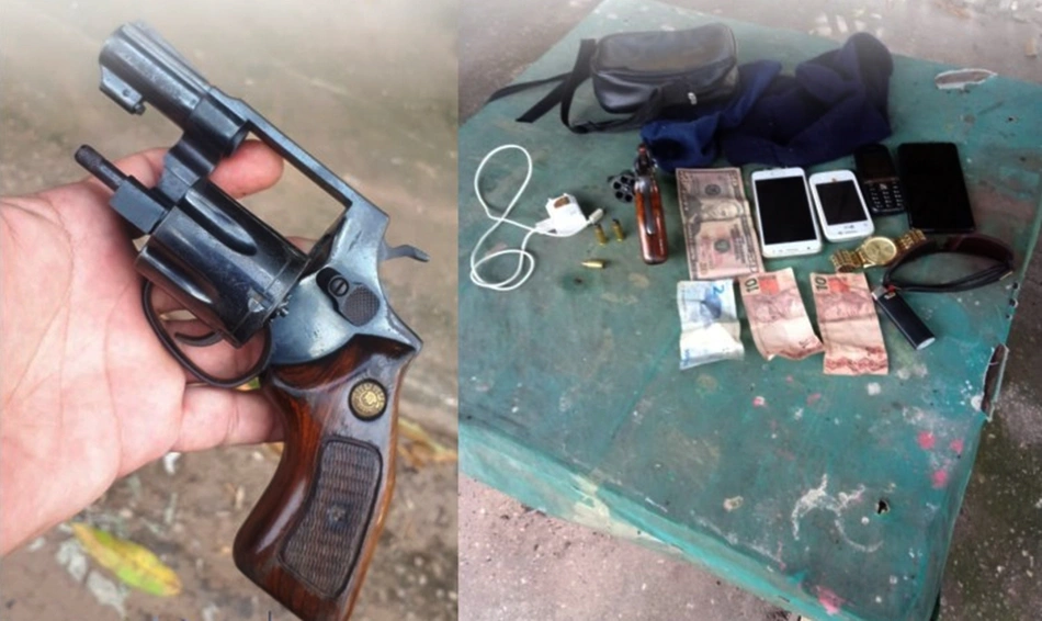 Arma de fogo, munições, celulares e dinheiro, apreendidos pelos policiais do 8º BPM