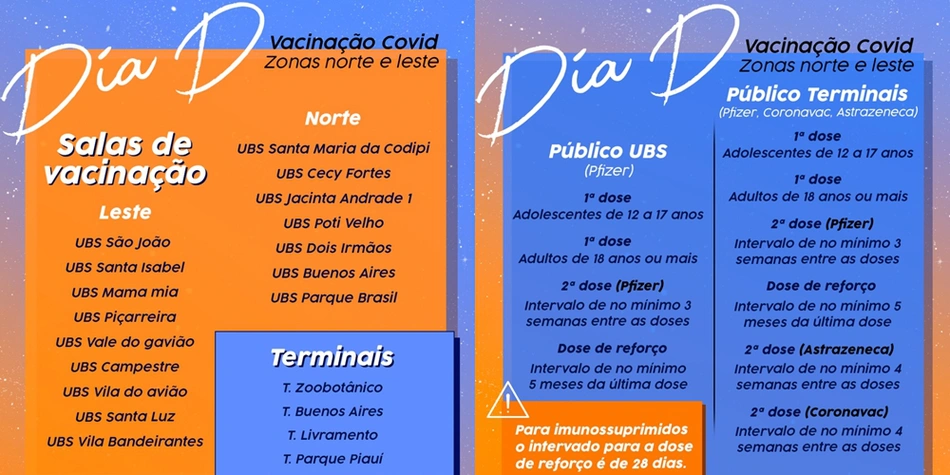Banners do dia D de vacinação contra covid-19 neste sábado (04) em Teresina