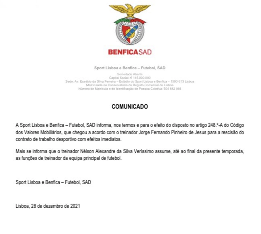Benfica anuncia rescisão de Jorge Jesus.