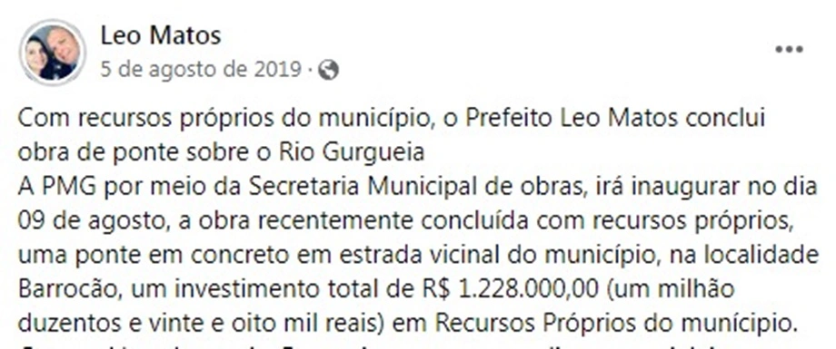 Ex-prefeito Leo Matos comemorou conclusão de obra