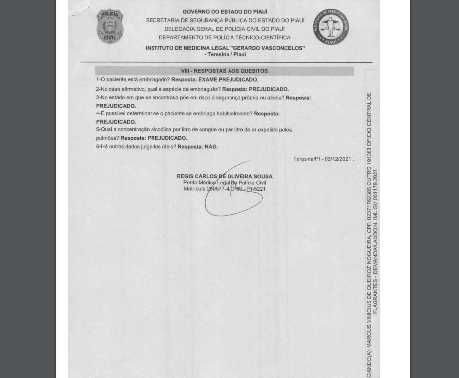 Laudo do exame de embriaguez