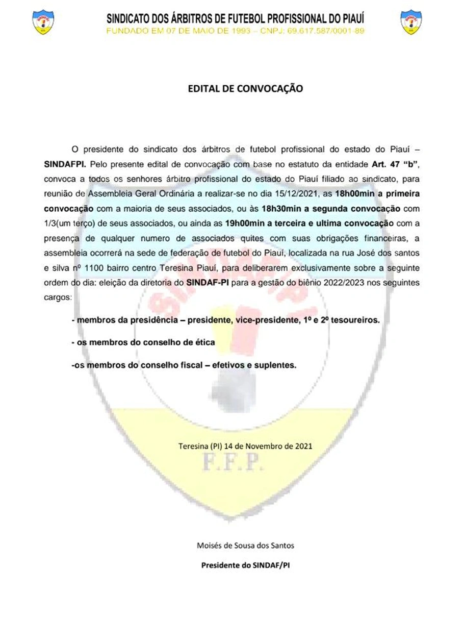 Sindicato dos Árbitros convoca Assembleia Geral Ordinária para 15/12, na sede da FFP.