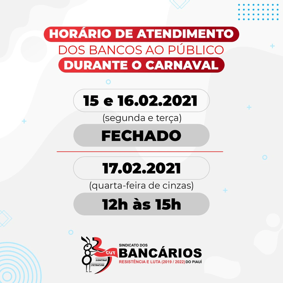 Horário de funcionamento dos bancos no carnaval
