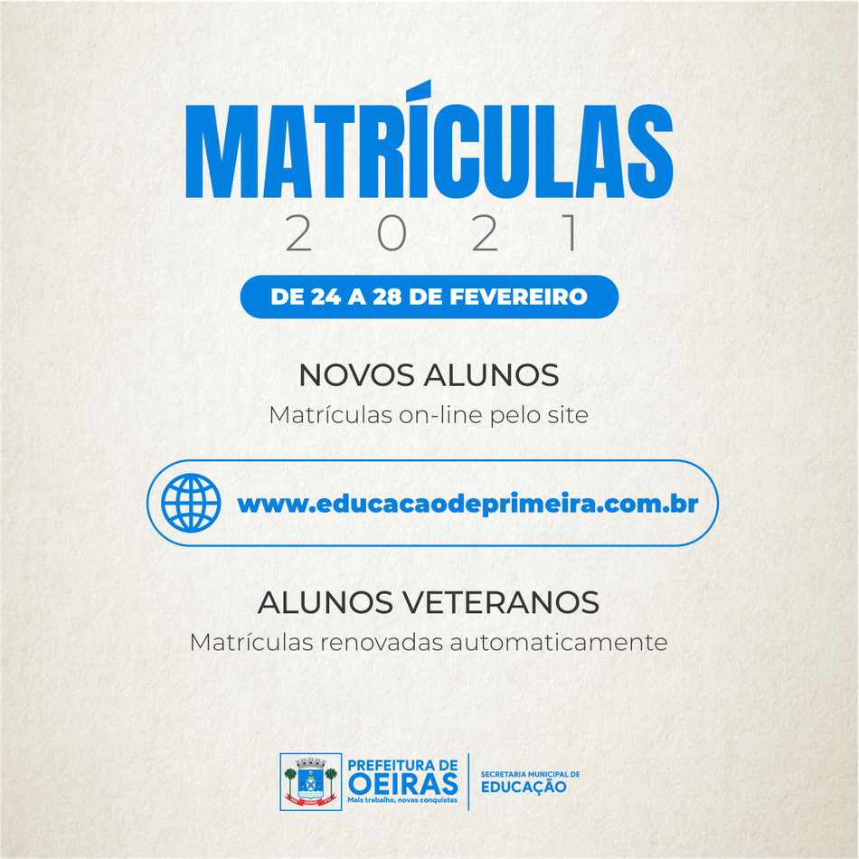 Matrículas das escolas municipais de Oeiras começam nesta quarta