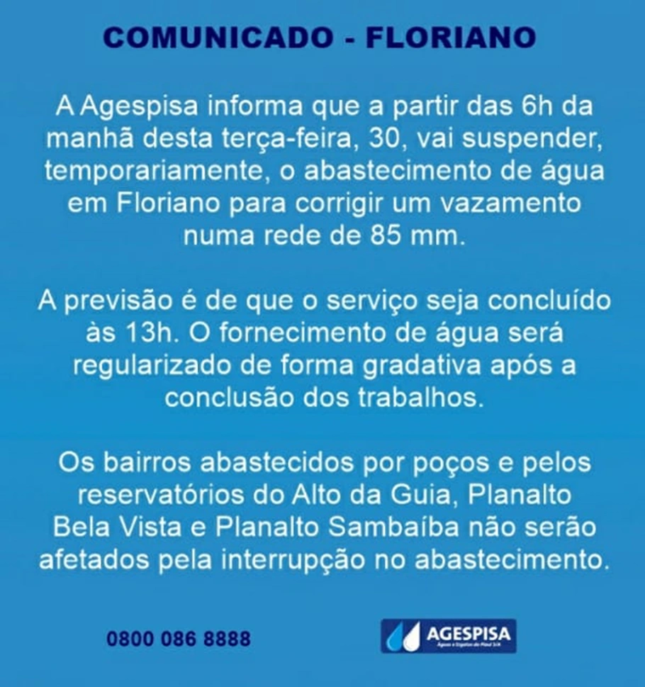 Comunicado da Agespisa ao município de Floriano