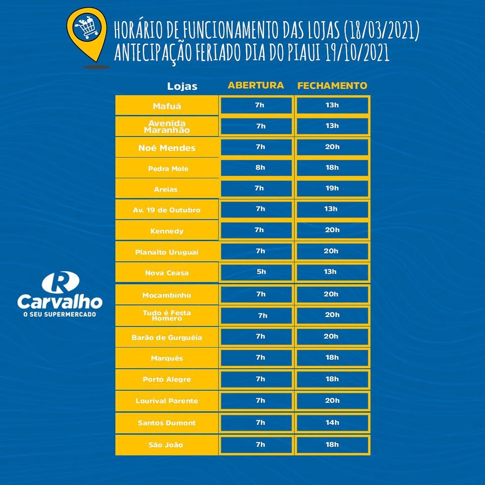 Funcionamento das lojas R Carvalho em Teresina