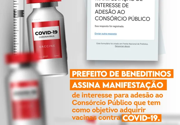Prefeito de Beneditinos quer participar de consórcio para compra de vacinas contra a covid-19
