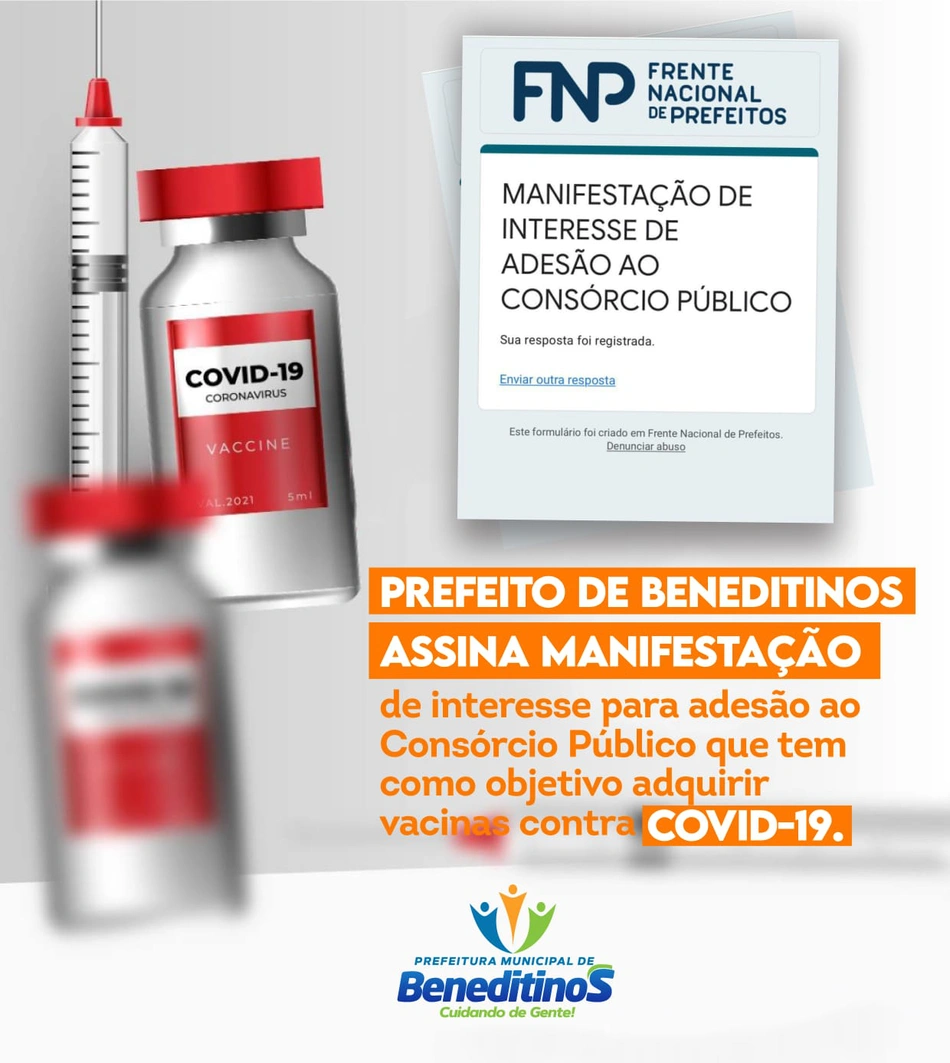Prefeito de Beneditinos quer participar de consórcio para compra de vacinas contra a covid-19