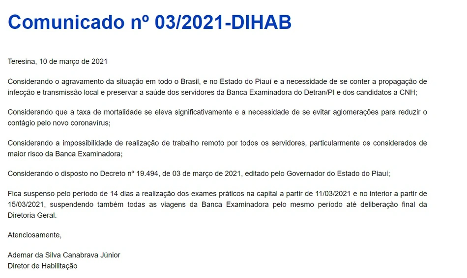 Suspensão dos exames práticos