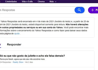 Comunicado publicado no topo página do serviço Yahoo Respostas