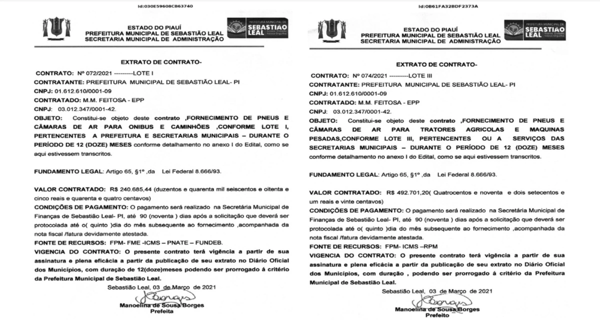 Contrato 072/2021 e 074/2021 da Prefeitura de Sebastião Leal