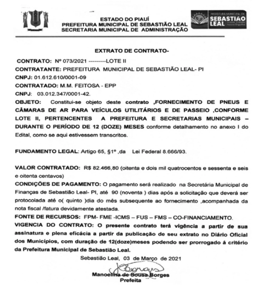 Contrato 073/2021 da Prefeitura de Sebastião Leal