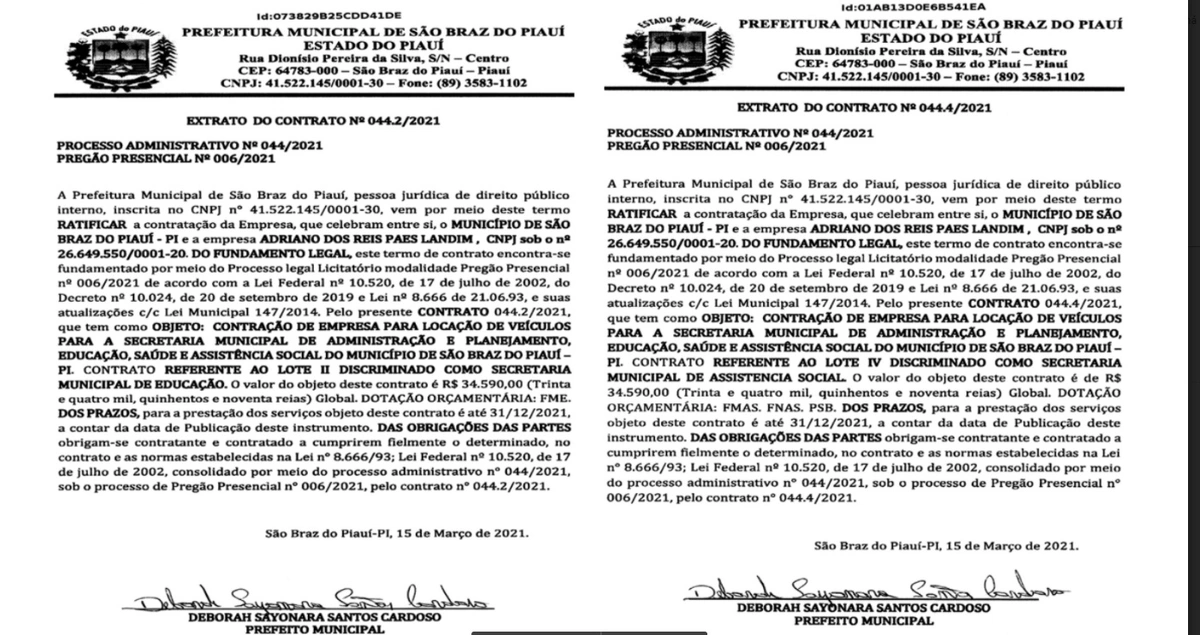 Contrato dois e contrato quatro da Prefeitura de São Braz do Piauí