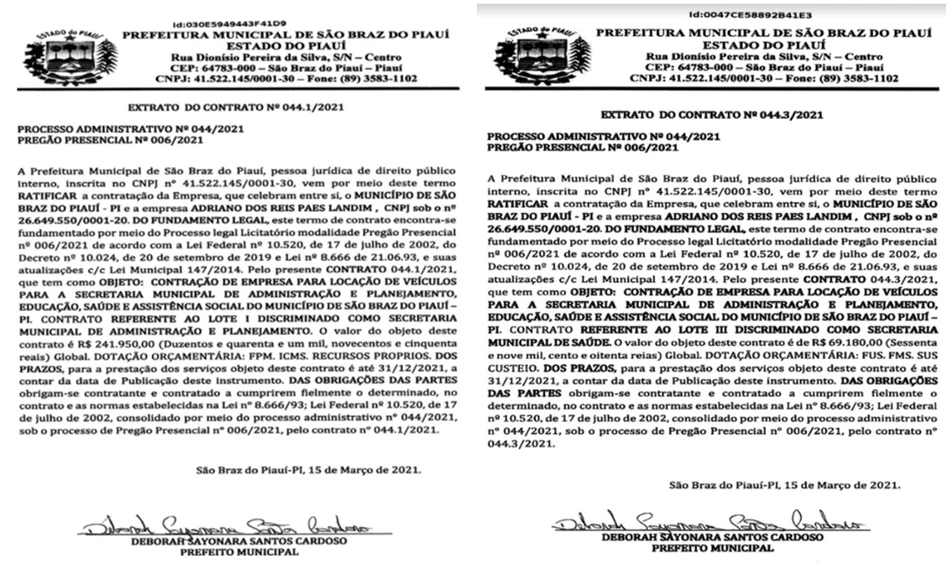 Contrato um e contrato três da Prefeitura de São Braz do Piauí