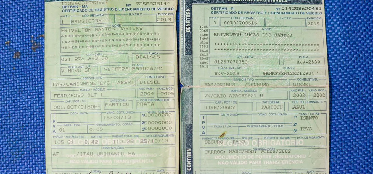 Documento do veículo com dados falsos