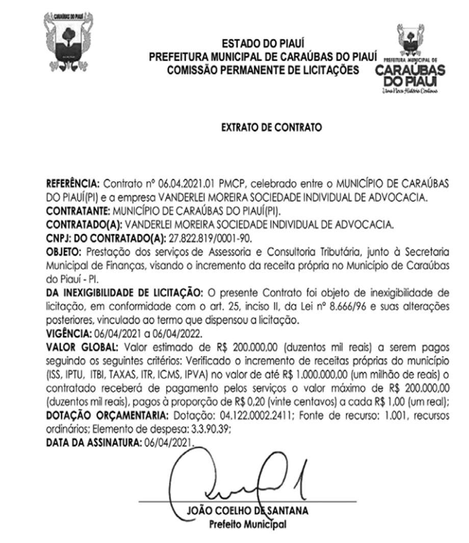 Extrato de contrato Caraúbas do Piauí