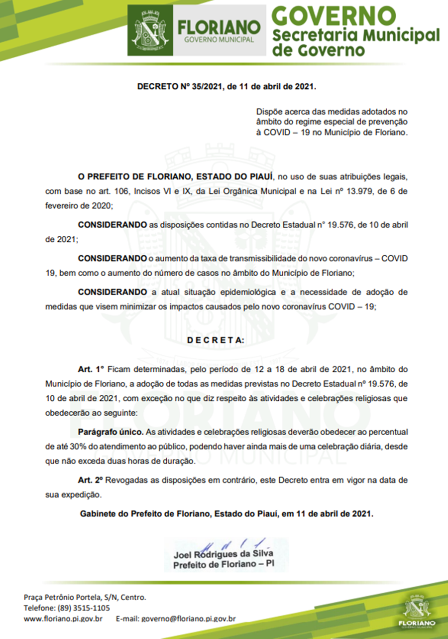 Floriano segue decreto estadual mas edita medida diferenciada para as celebrações religiosas