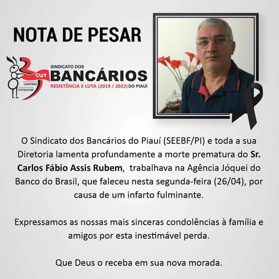 Nota de Pesar do SEEBF/PI nas redes sociais