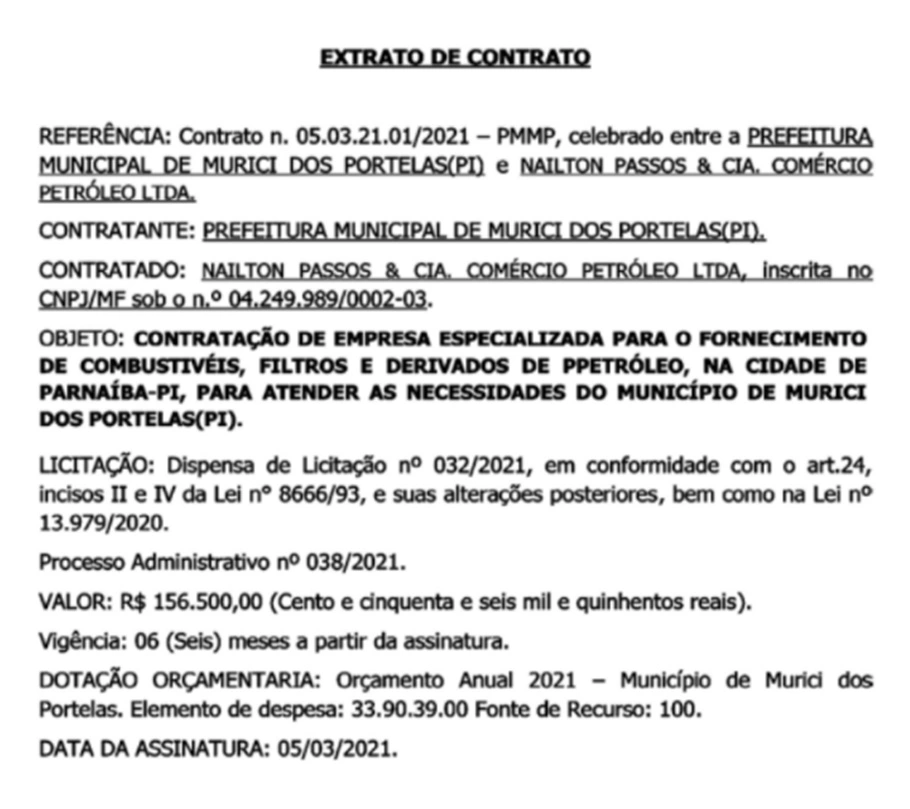 Prefeita de Murici dos Portelas contrata posto de combustível sem licitação