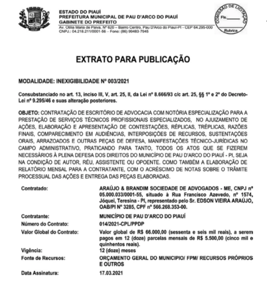 Prefeito Nilton Bacelar contrata escritório de advocacia sem licitação