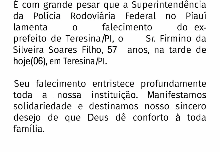 PRF no Piauí lamenta morte de Firmino Filho