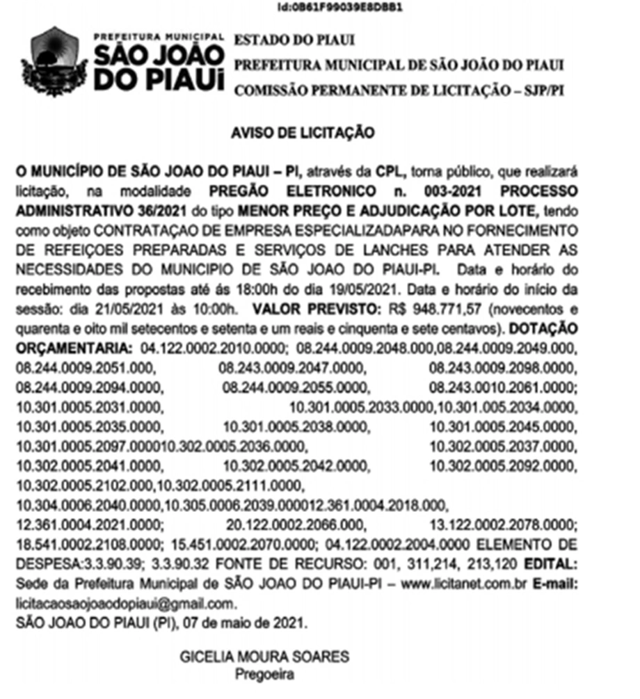 Aviso de licitação da Prefeitura de São João do Piauí