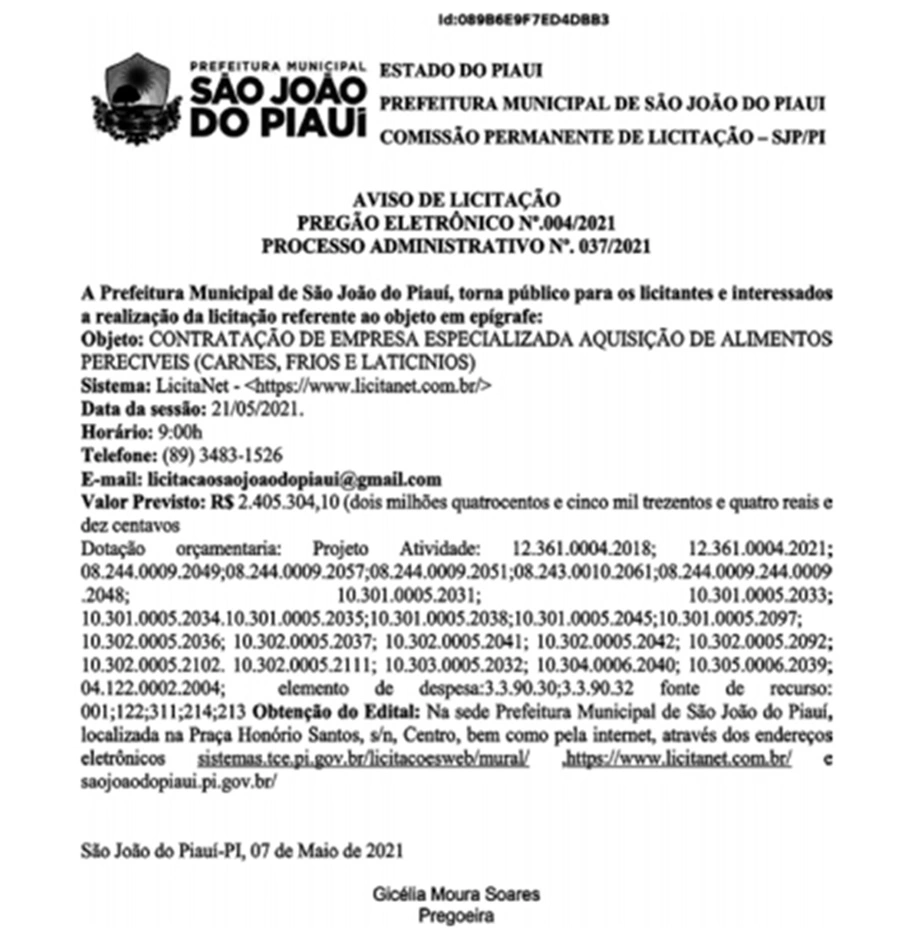 Aviso de licitação feito pela Prefeitura de São João do Piauí