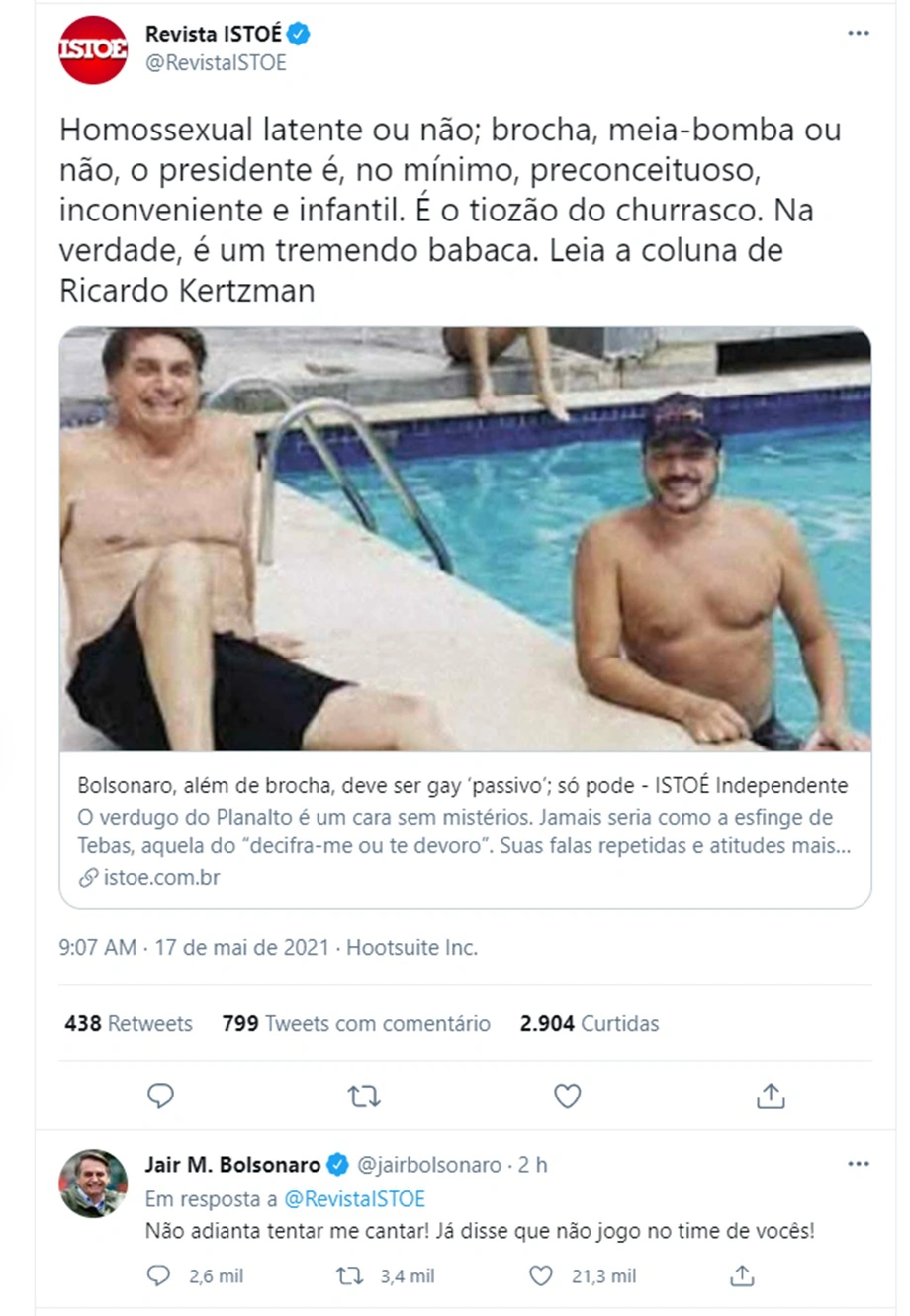 Bolsonaro rebate colunista da Istoé: não tentem me cantar