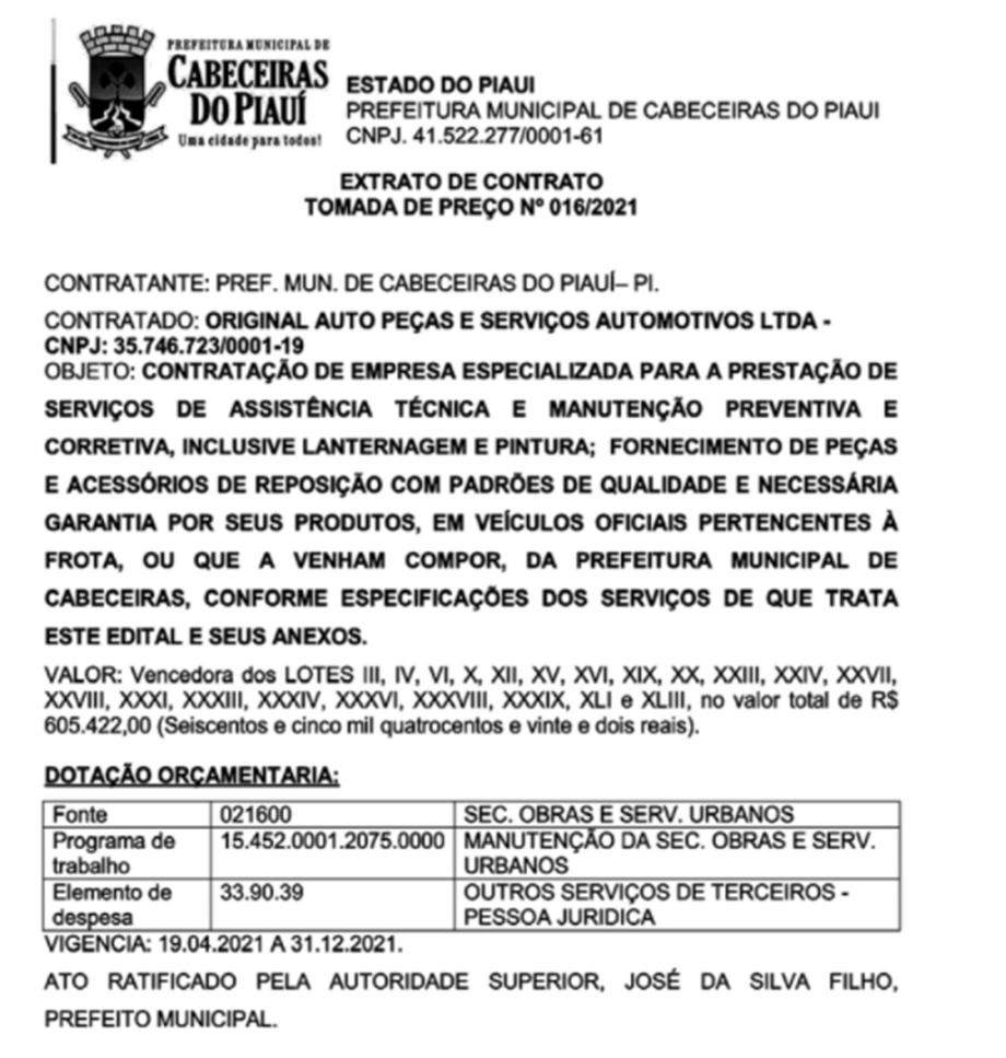Contratação da empresa Aro Sport Centro Automotivo pela prefeitura de Cabeceiras do Piauí