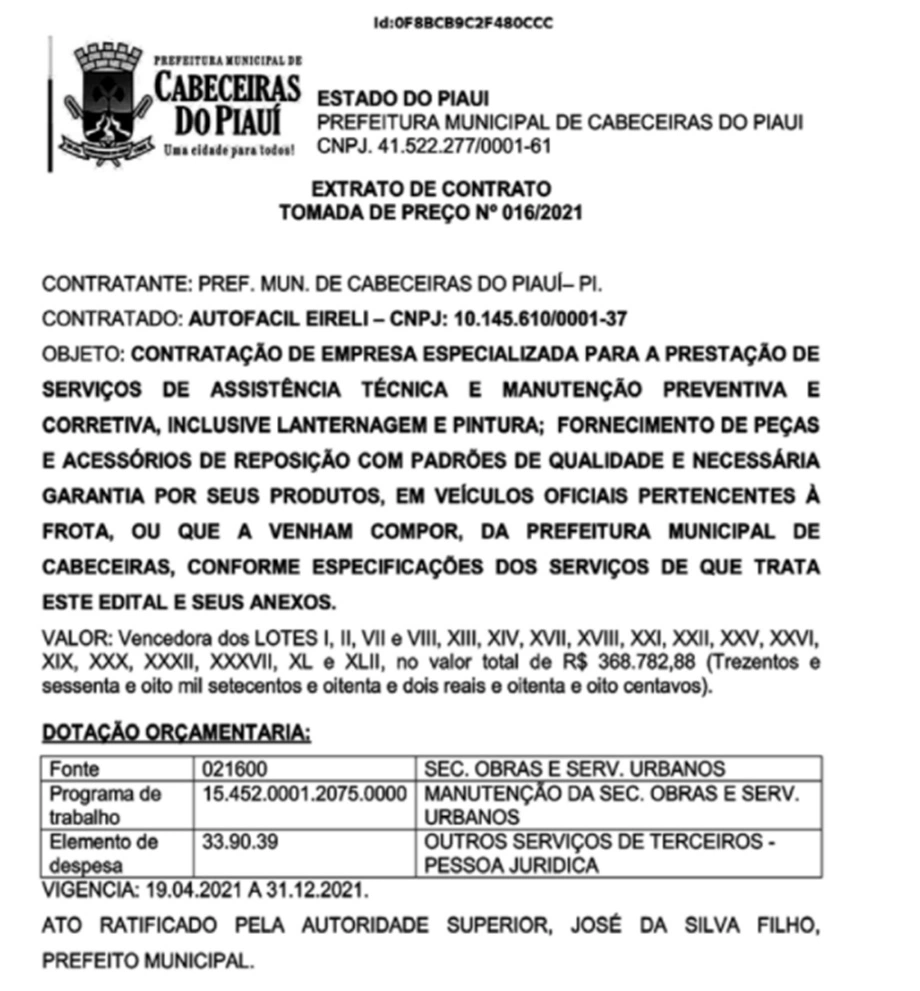 Contratação da empresa Autofacil Eireli pela prefeitura de Cabeceiras do Piauí