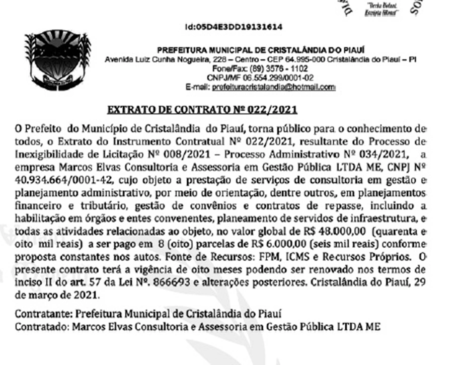 Contrato celebrado entre o prefeito de Cristalândia e Marcos Elvas