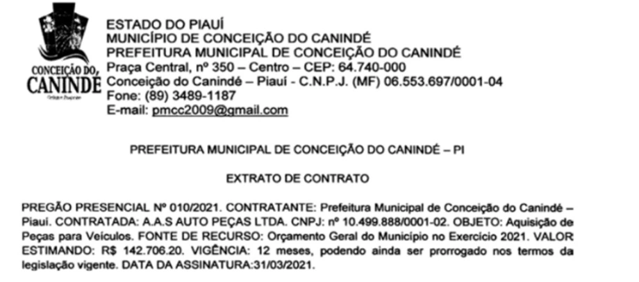 Contrato com a empresa A.A.S Auto Peças LTDA