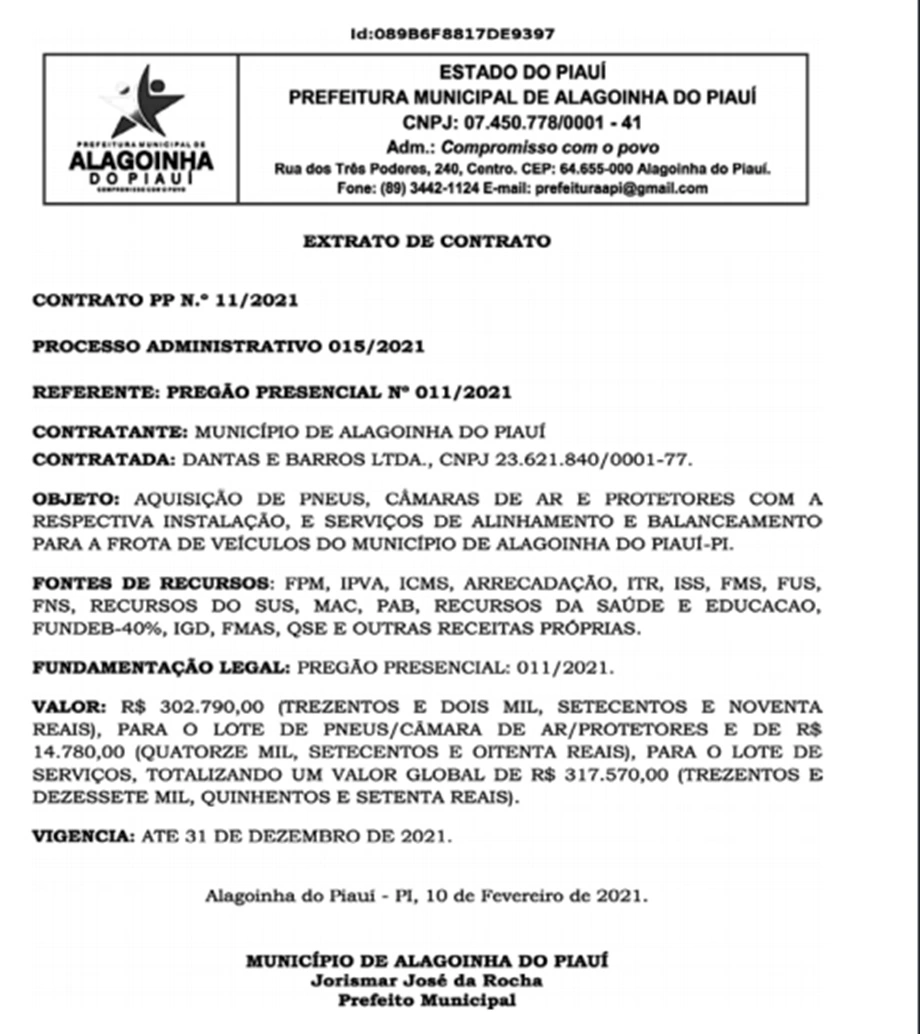 Contrato feito pela Prefeitura de Alagoinha