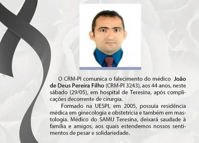 CRM lamenta morte de médico João de Deus Filho