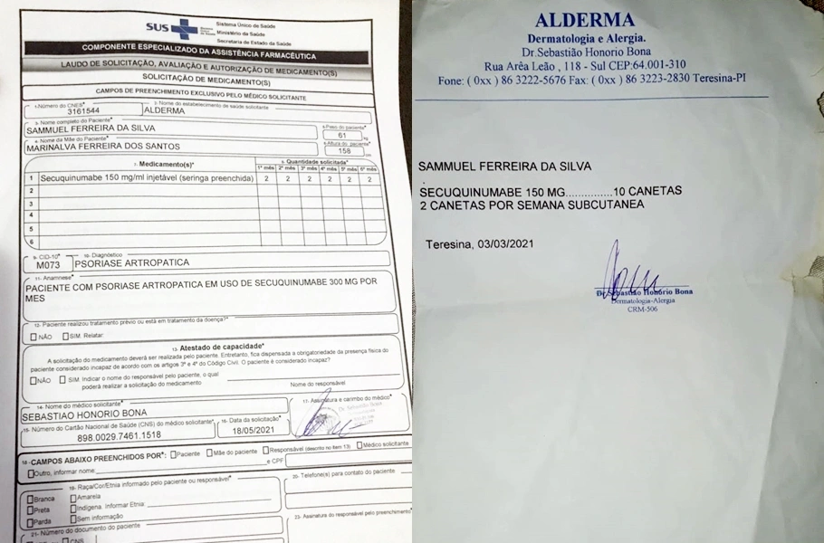 Diagnóstico do Samuel e ao lado a receita médica