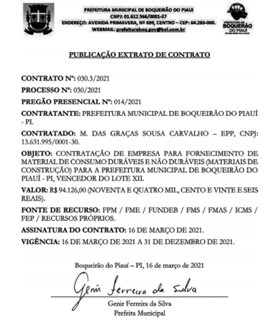 Empresa M. das Graças Sousa Carvalho foi contratada por R$ 94 mil