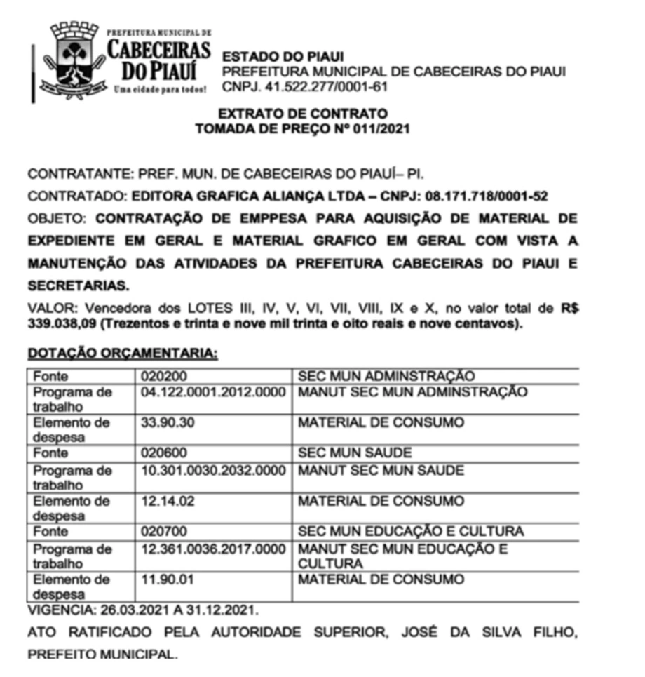 Extrato de contrato da Gráfica Aliança com a Prefeitura de Cabeceiras do Piauí