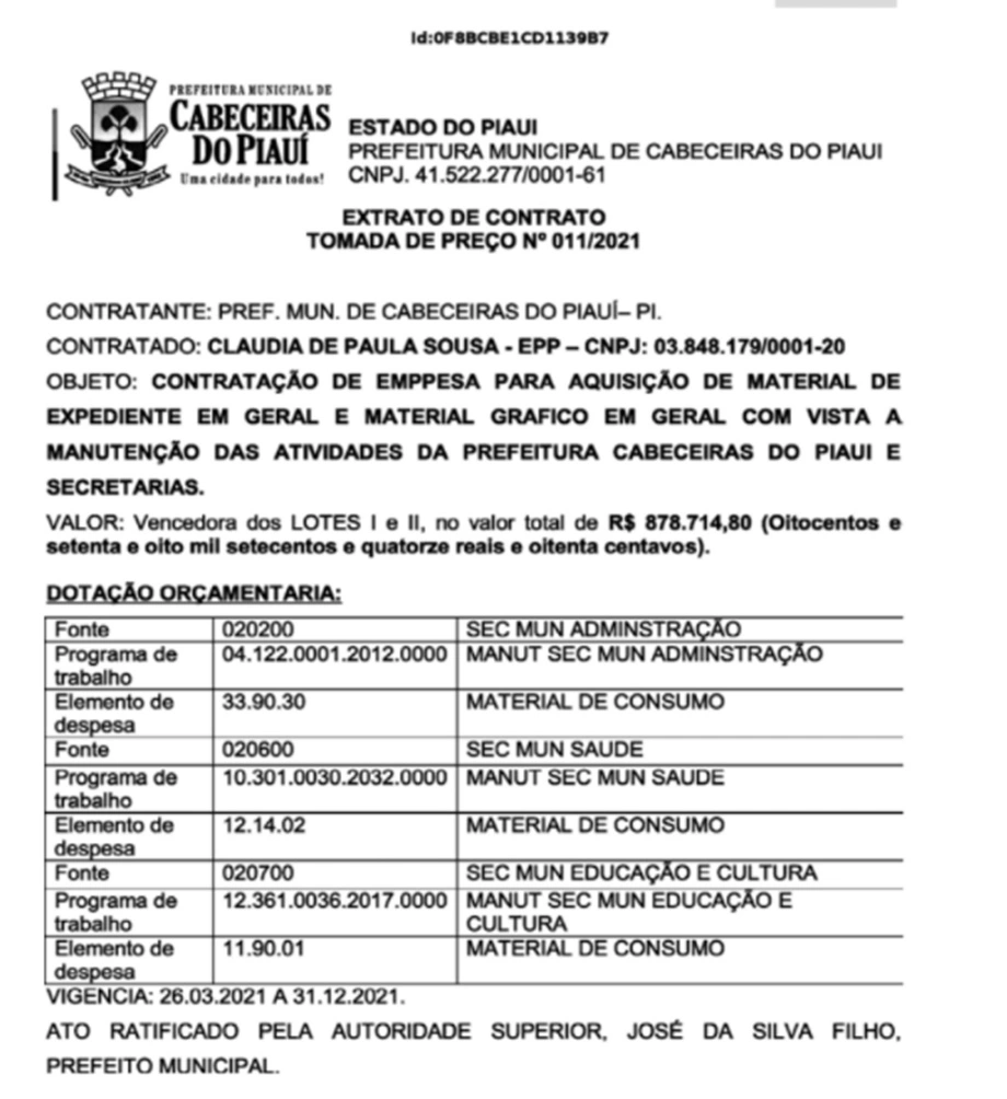 Extrato de contrato da Inforgráfica com a Prefeitura de Cabeceiras do Piauí