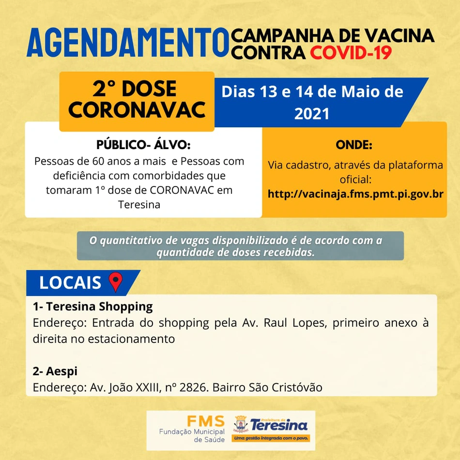 FMS abre novo agendamento para 2ª dose da vacina Coronavac em Teresina