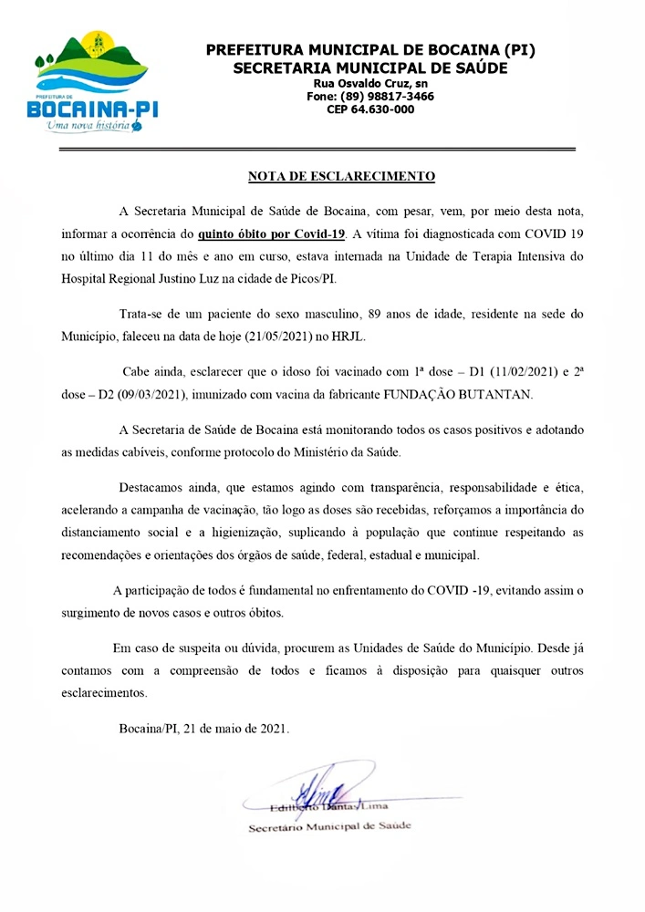 Nota de esclarecimento da Prefeitura de Bocaina