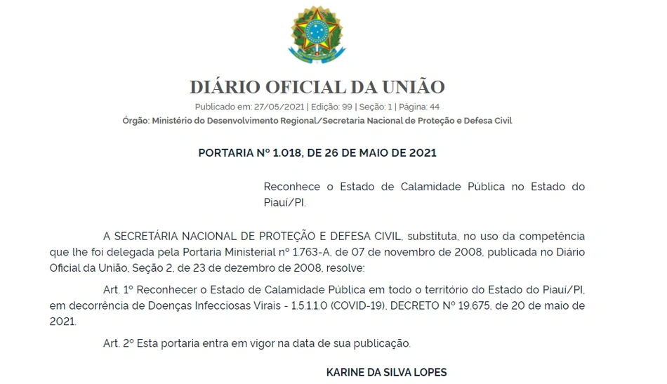 Portaria publicada no Diário Oficial da União