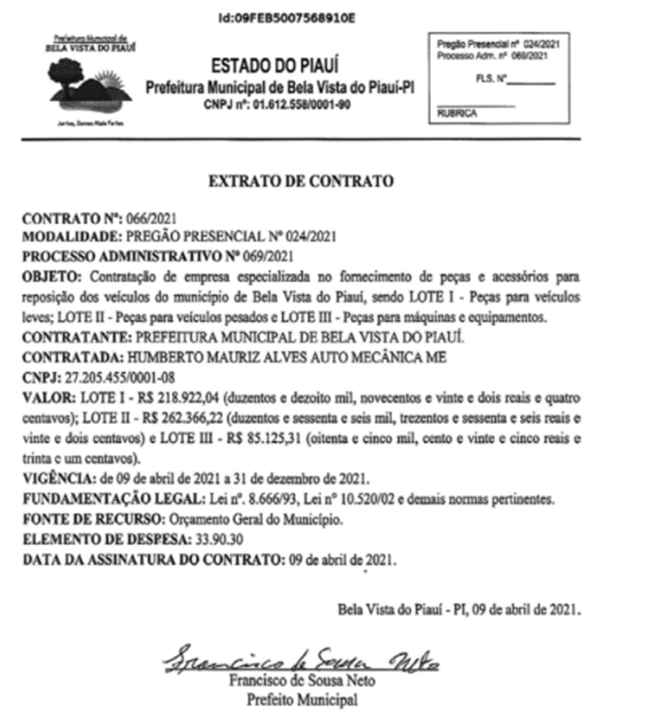 Prefeito de Bela Vista do Piauí gasta quase R$ 600 mil com peças para veículos