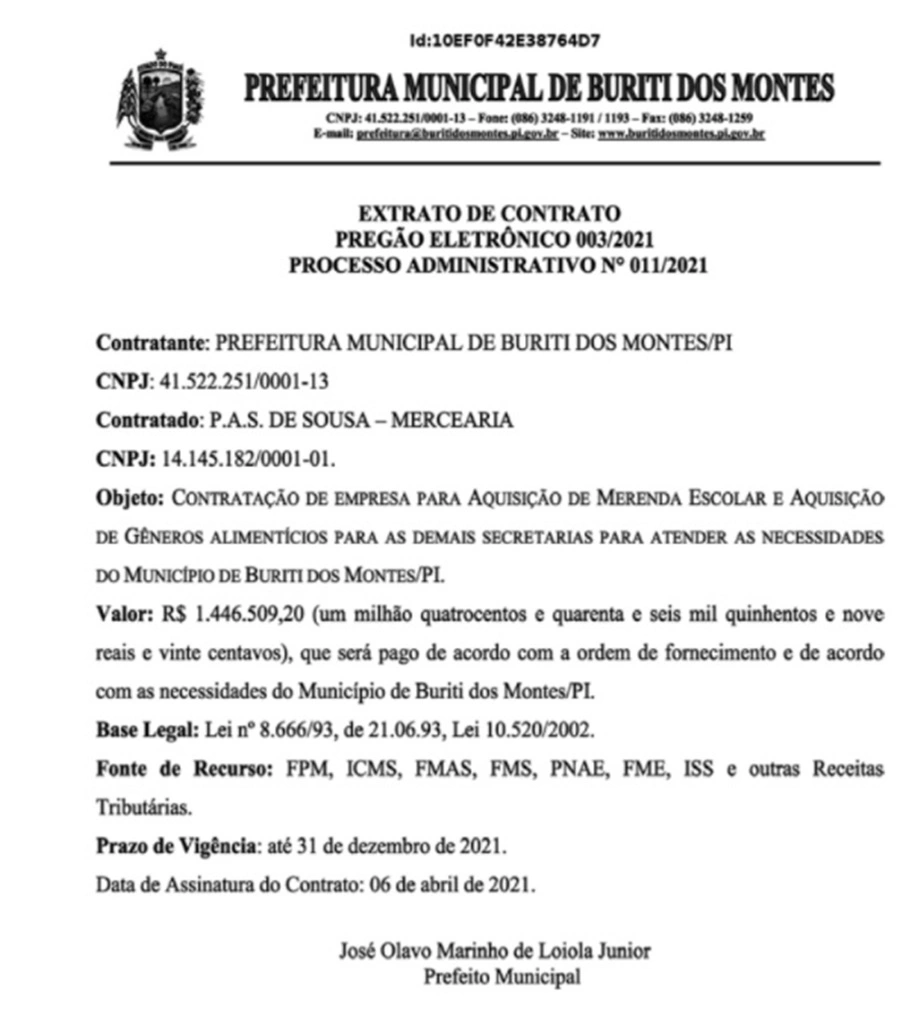 Prefeito de Buriti dos Montes contrata mercearia por R$ 1,4 milhão