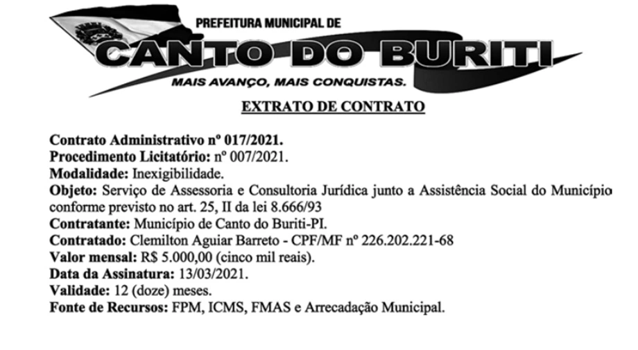 Prefeito de Canto do Buriti contrata advogado sem licitação
