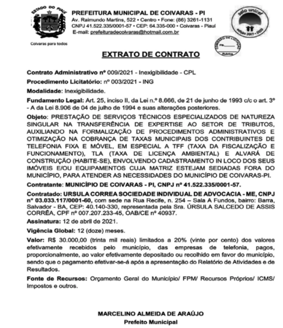 Prefeito de Coivaras contrata escritório de advocacia de Salvador sem licitação
