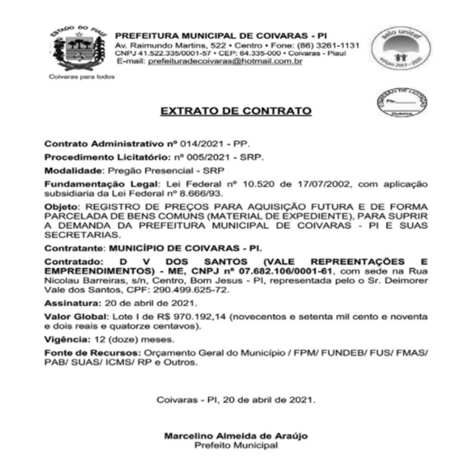 Prefeito de Coivaras vai gastar quase R$ 1 milhão com material de expediente