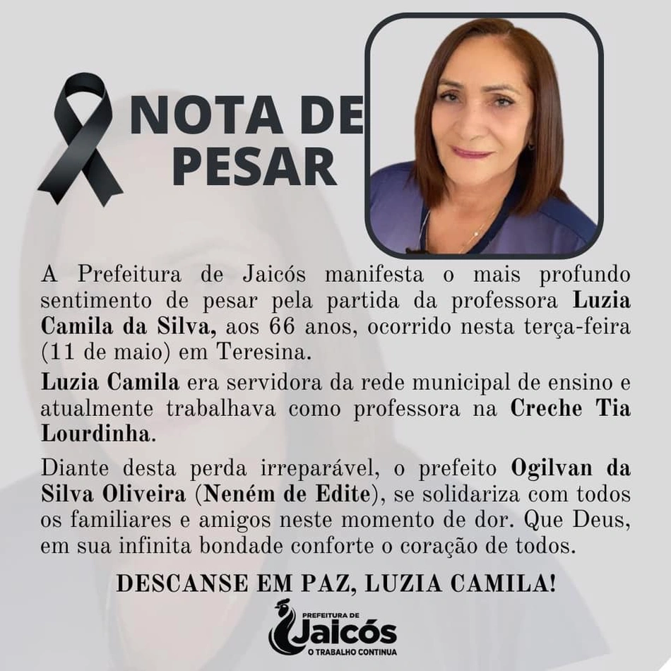 Prefeitura de Jaicós lamenta morte da professora Luzia Camila da Silva