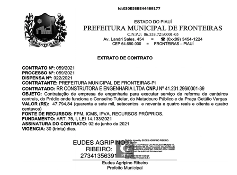 Contrato entre a empresa R. R Construtora e Serviço LTDA e a Prefeitura de Fronteiras
