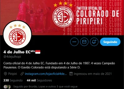 Em conta criada recentemente, 4 de Julho é o time piauiense mais seguido em rede social
