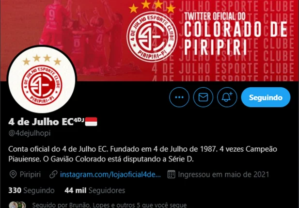 Em conta criada recentemente, 4 de Julho é o time piauiense mais seguido em rede social